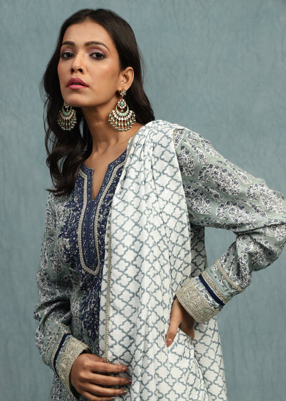 Light Indigo Paisley Jaal Cotton Silk Hand Block Printed Kurta Set- (3 Pcs Set)