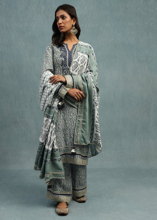 Light Indigo Paisley Jaal Cotton Silk Hand Block Printed Kurta Set- (3 Pcs Set)