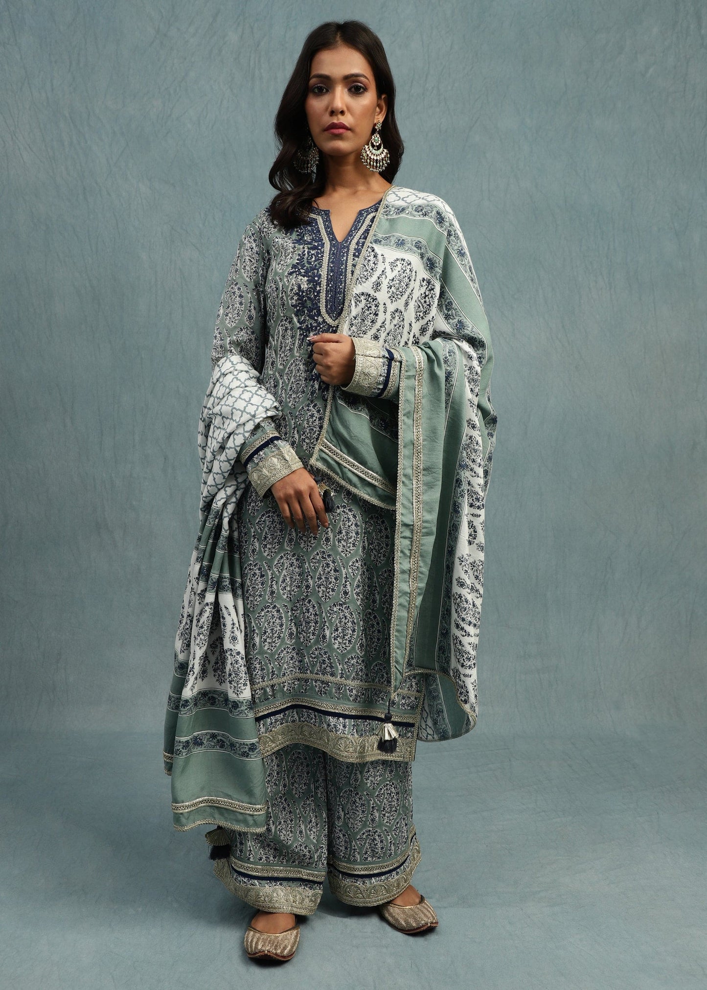 Light Indigo Paisley Jaal Cotton Silk Hand Block Printed Kurta Set- (3 Pcs Set)