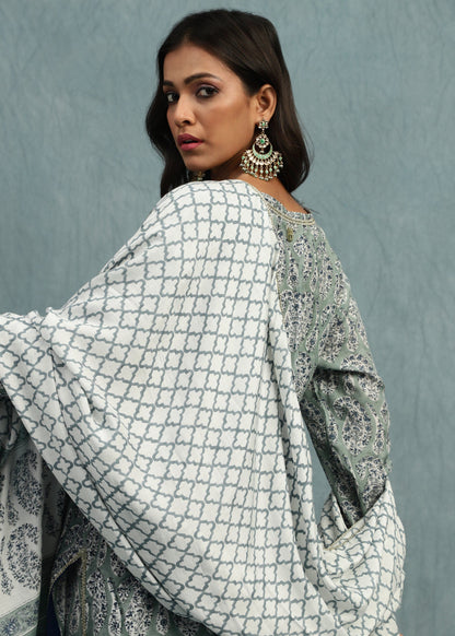 Light Indigo Paisley Jaal Cotton Silk Hand Block Printed Kurta Set- (3 Pcs Set)