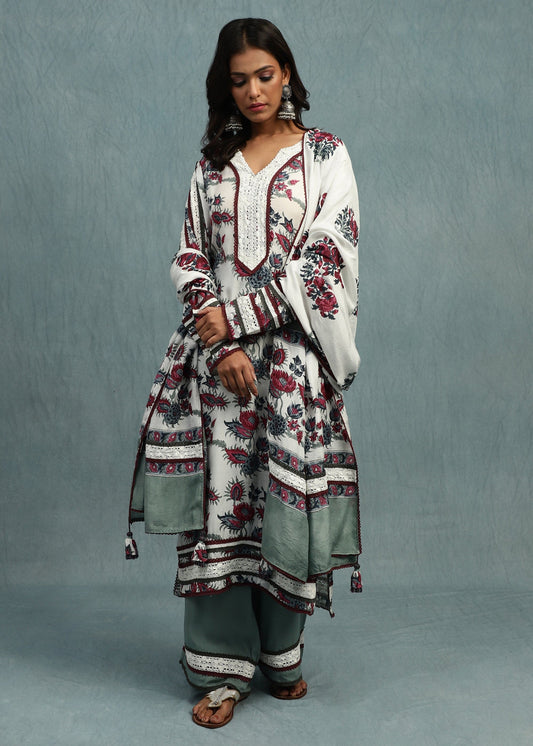 Floral Chintz Cotton Silk Hand Block Printed Kurta - (3 Pcs Set)