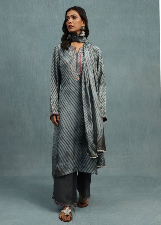 Grey Indigo Shibori Silk Hand Dyed Kurta Set- (3 Pcs Set)