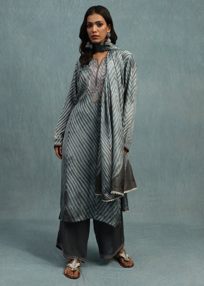 Grey Indigo Shibori Silk Hand Dyed Kurta Set- (3 Pcs Set)