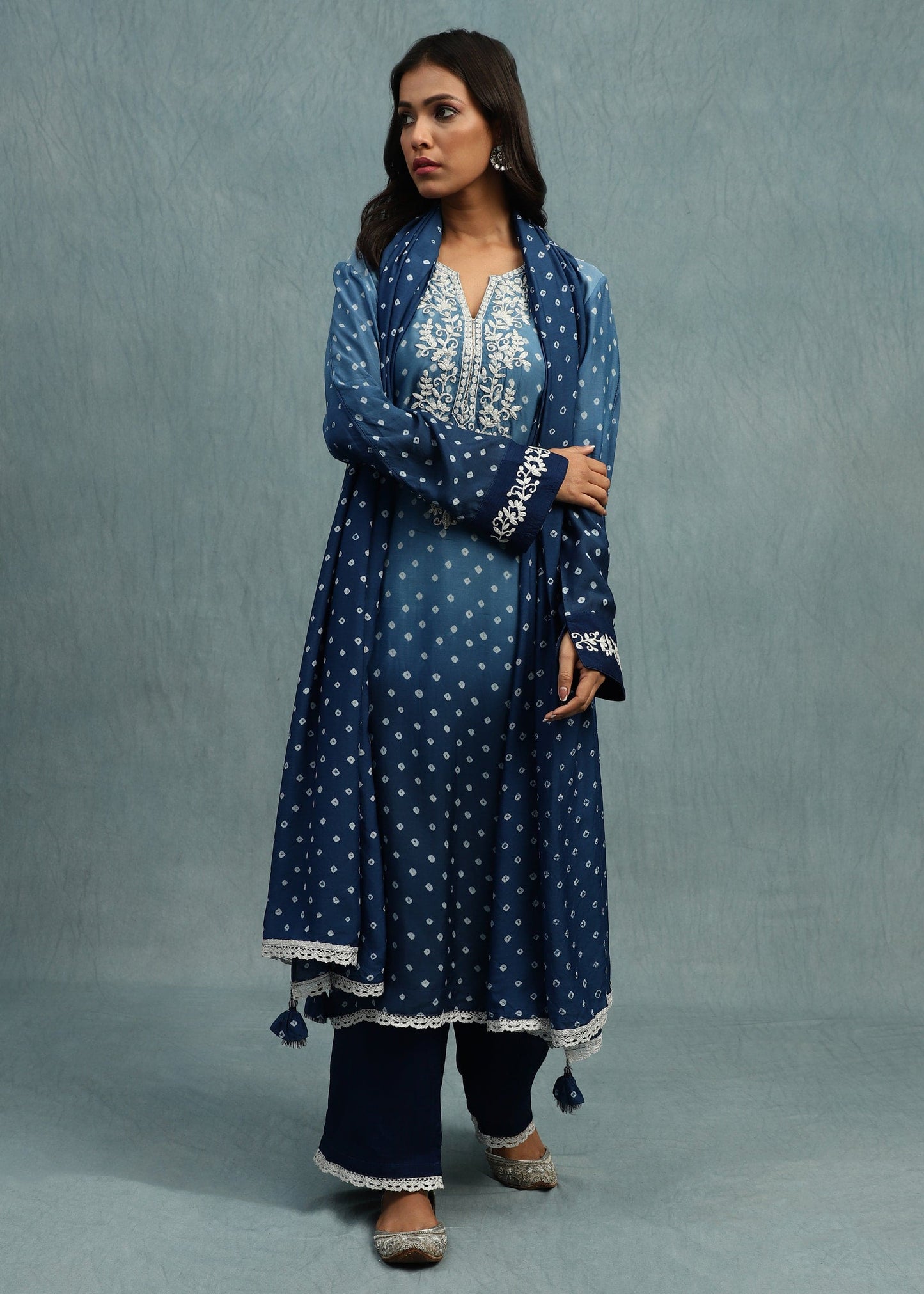 Indigo Bandhini Cotton Silk Hand Dyed Kurta Set-  (3 Pcs Set)