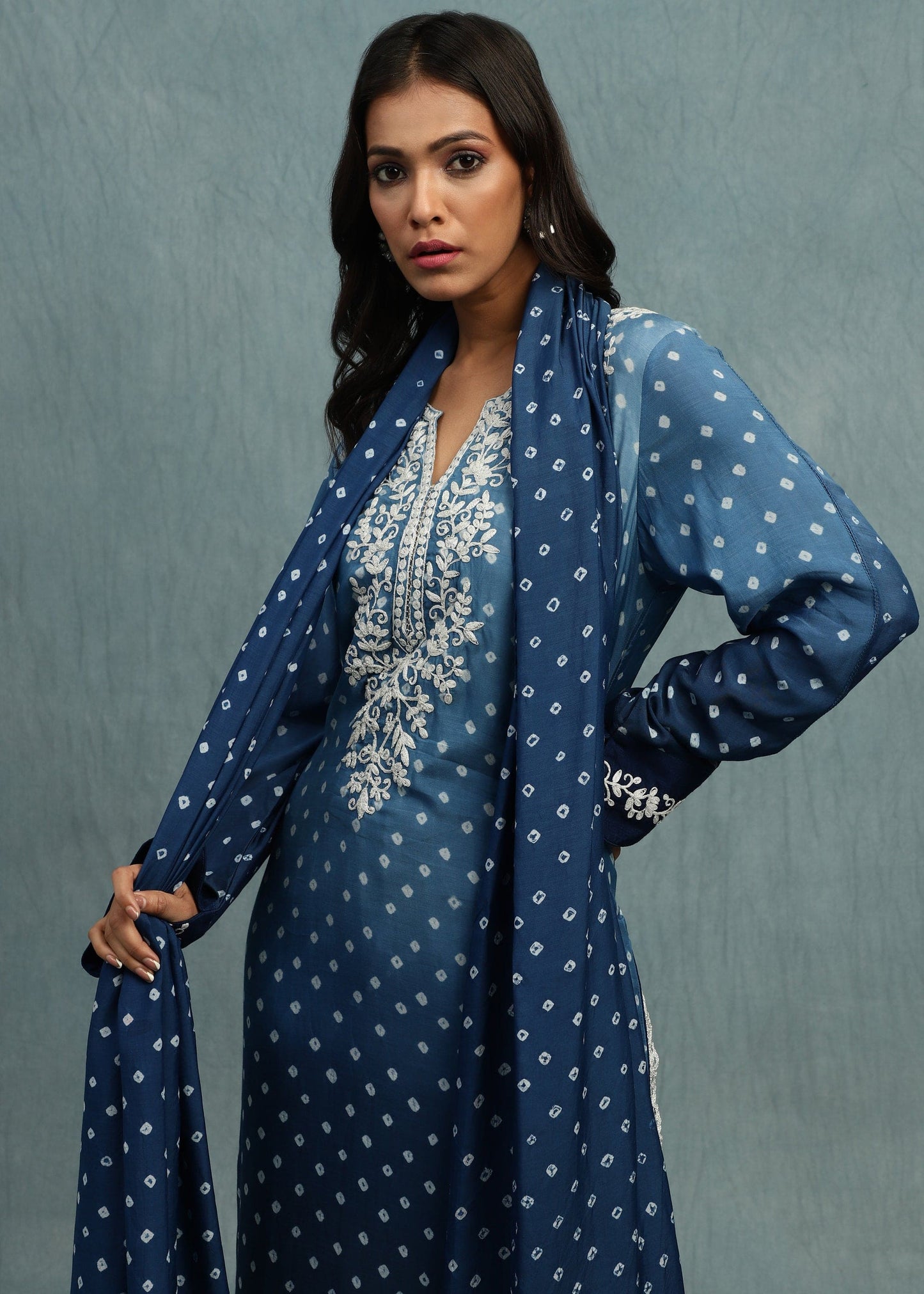 Indigo Bandhini Cotton Silk Hand Dyed Kurta Set-  (3 Pcs Set)