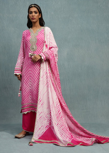 Rani Pink Shibori Cotton Silk Hand Dyed Kurta Set- (3 Pcs Set)