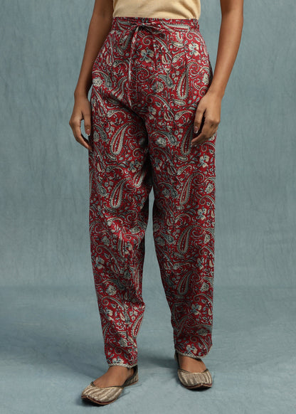 Red Floral Paisley Organic Cotton Hand Block Printed Kurta - (3 Pcs Set)