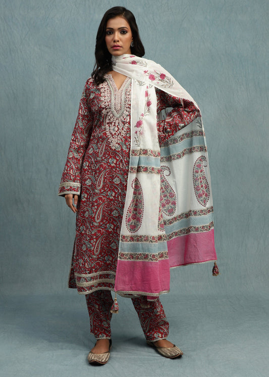 Red Floral Paisley Organic Cotton Hand Block Printed Kurta - (3 Pcs Set)