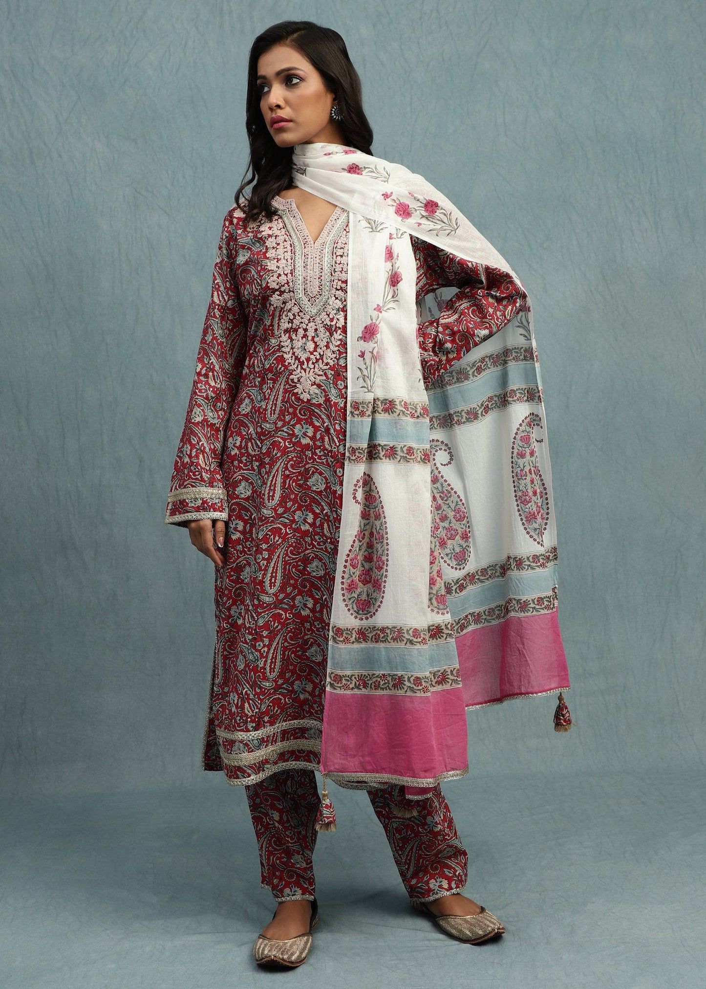 Red Floral Paisley Organic Cotton Hand Block Printed Kurta - (3 Pcs Set)