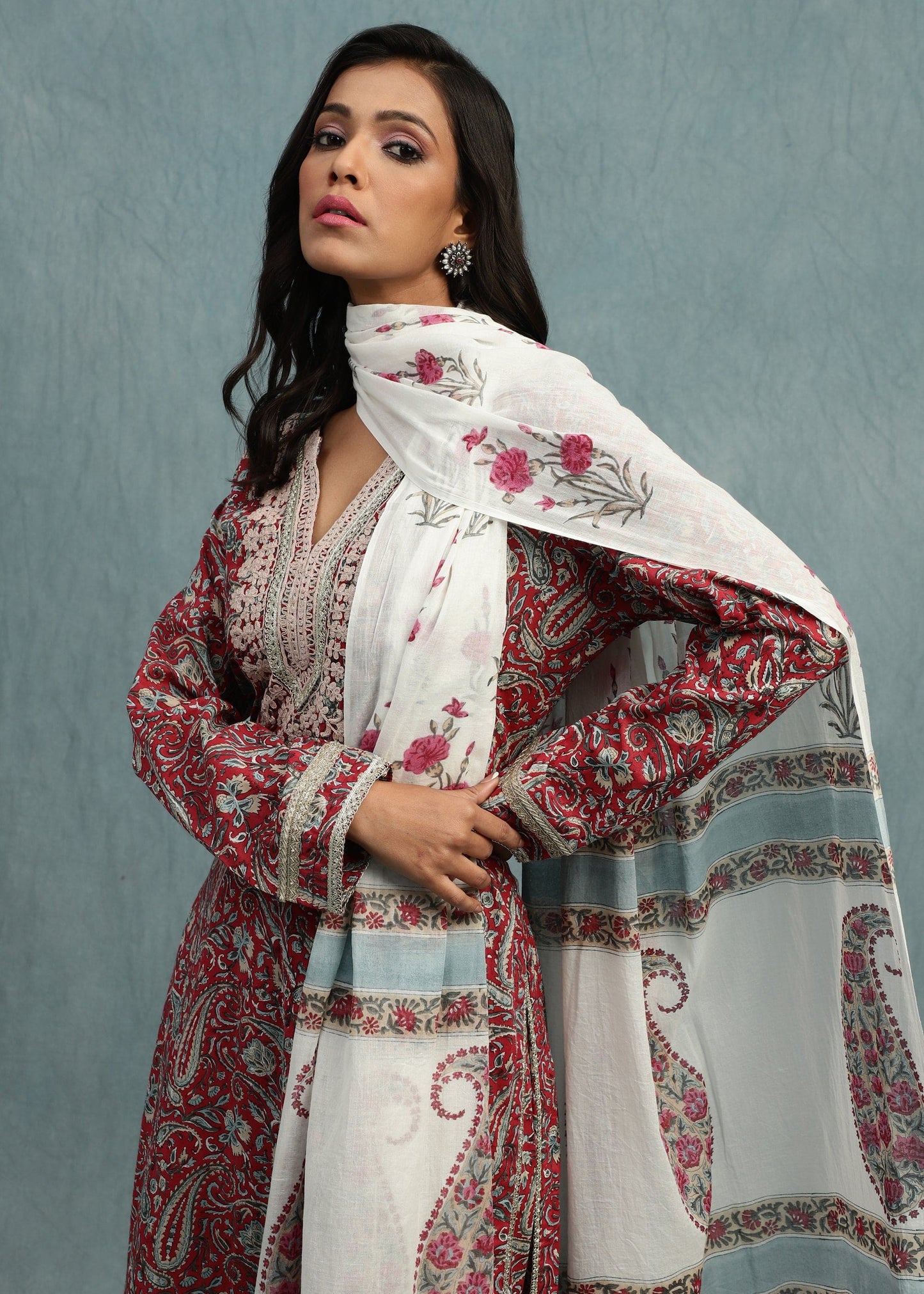 Red Floral Paisley Organic Cotton Hand Block Printed Kurta - (3 Pcs Set)