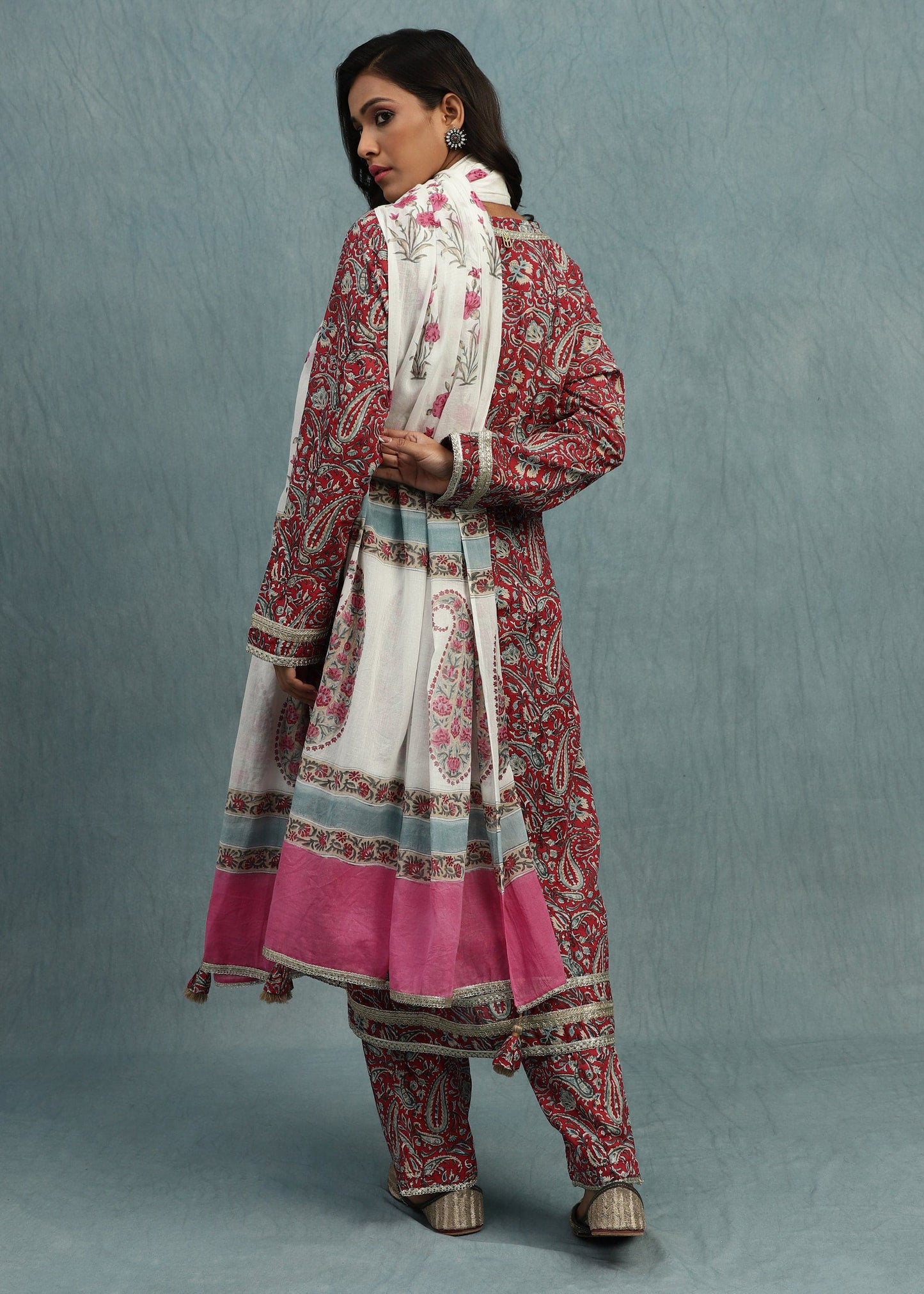 Red Floral Paisley Organic Cotton Hand Block Printed Kurta - (3 Pcs Set)