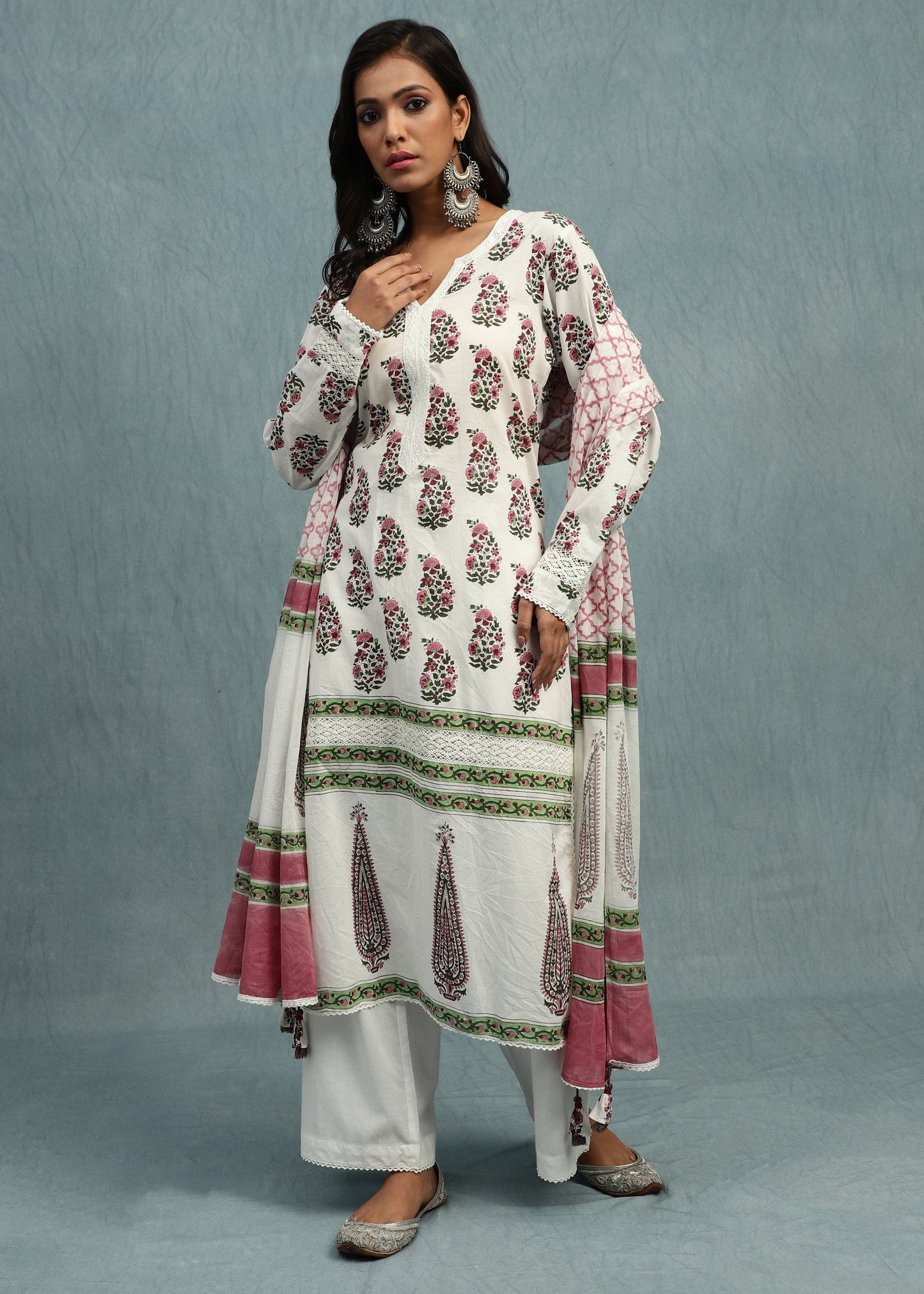 Pink Paisley Bootie Organic Cotton Hand Block Printed Kurta - (3 Pcs Set)