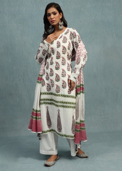Pink Paisley Bootie Organic Cotton Hand Block Printed Kurta - (3 Pcs Set)