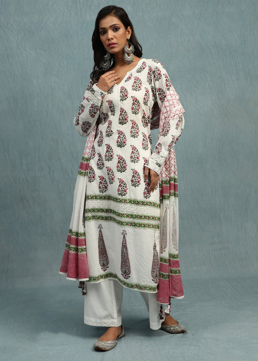 Pink Paisley Bootie Organic Cotton Hand Block Printed Kurta - (3 Pcs Set)