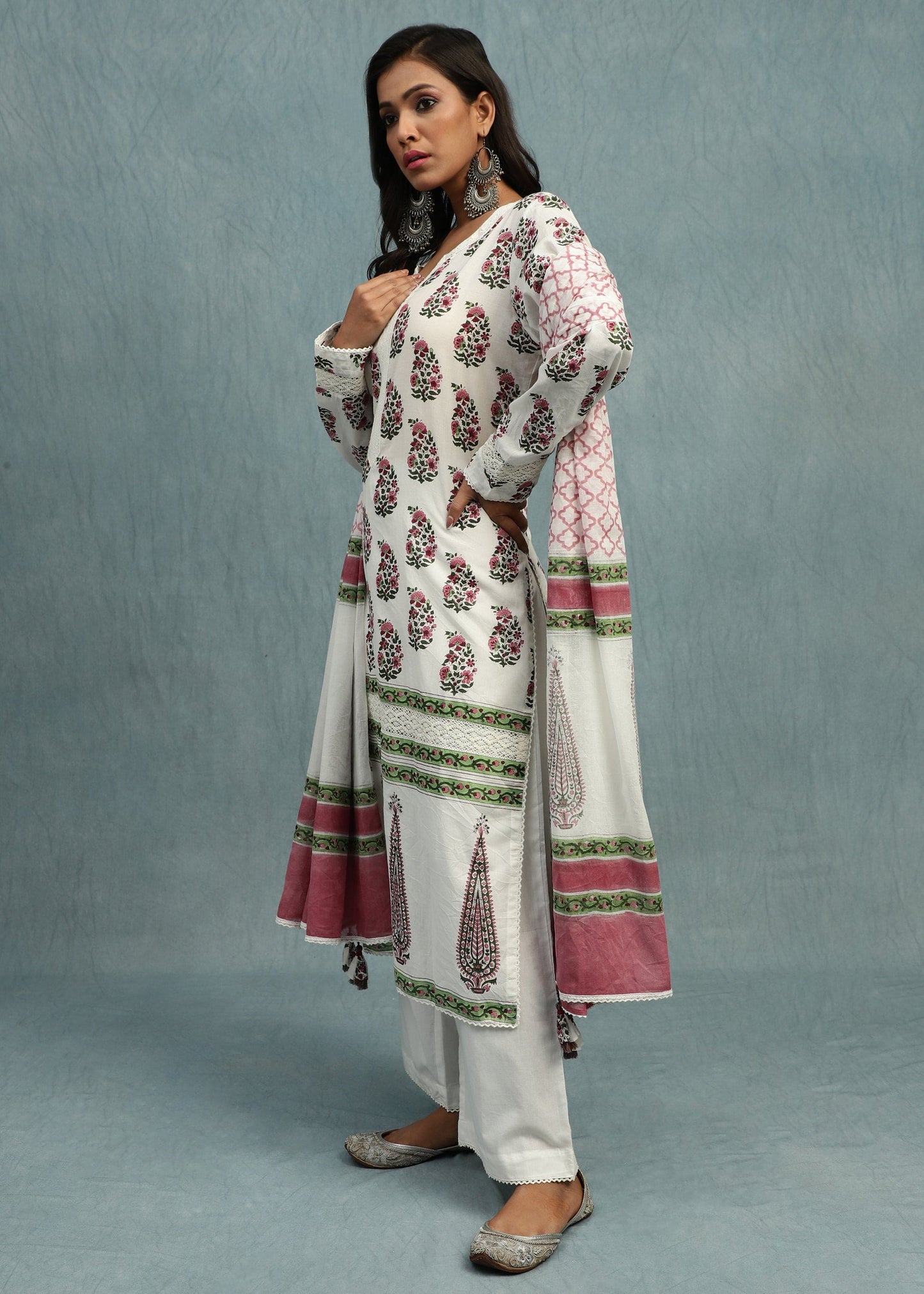 Pink Paisley Bootie Organic Cotton Hand Block Printed Kurta - (3 Pcs Set)