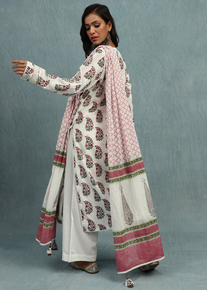 Pink Paisley Bootie Organic Cotton Hand Block Printed Kurta - (3 Pcs Set)