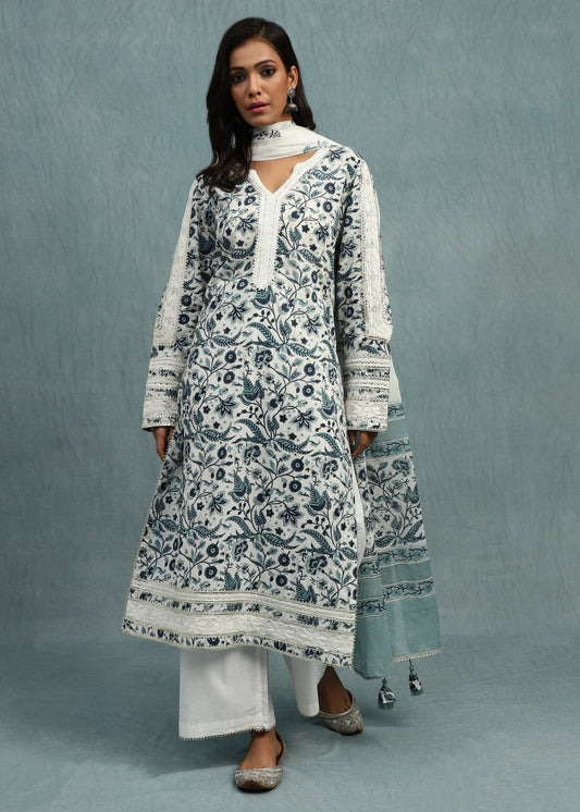 Indigo Chintz Jaal Organic Cotton Hand Block Printed Kurta - (3 Pcs Set)