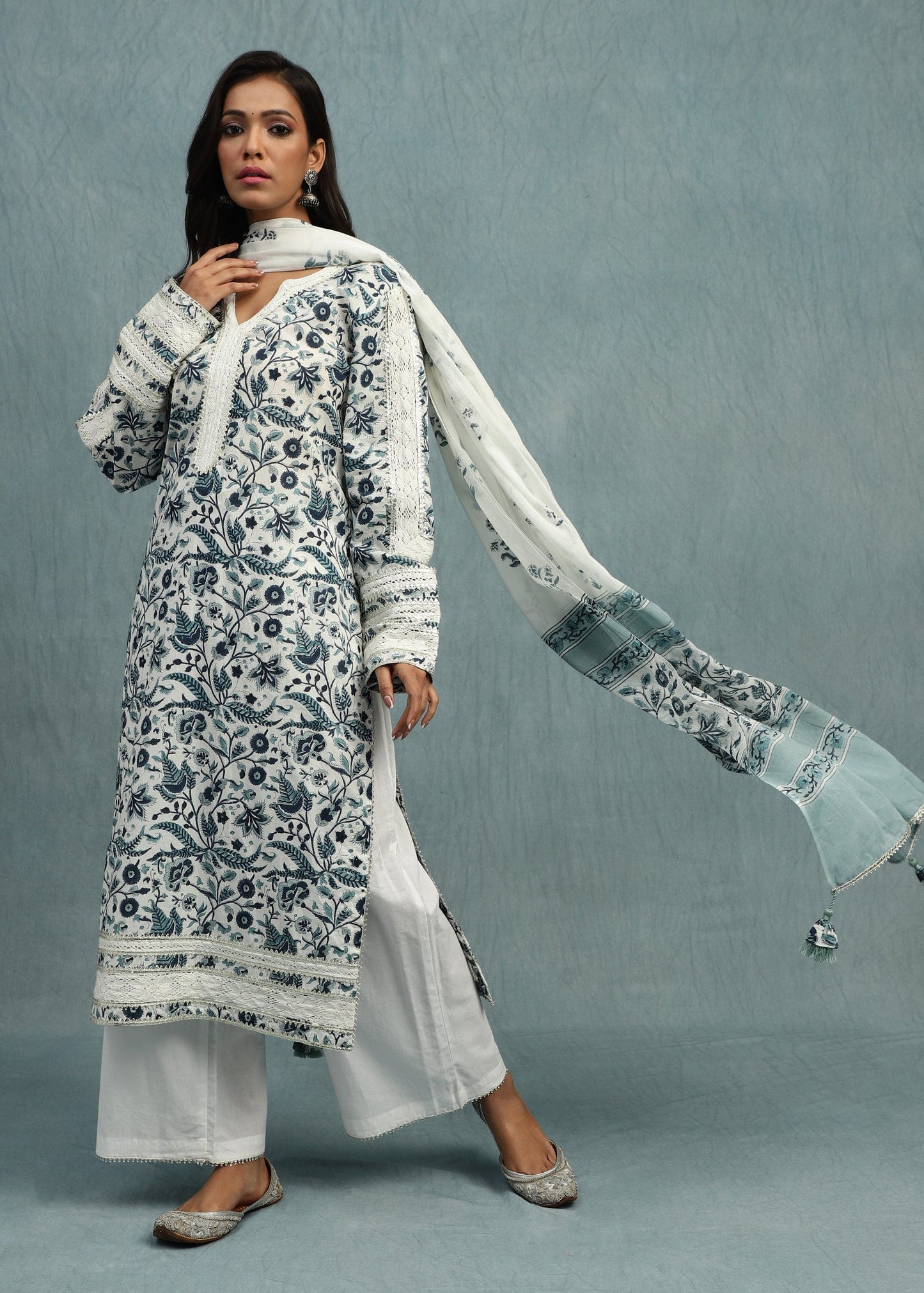 Indigo Chintz Jaal Organic Cotton Hand Block Printed Kurta - (3 Pcs Set)
