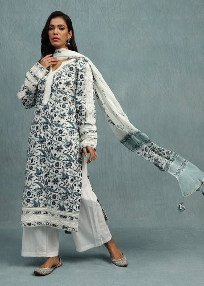 Indigo Chintz Jaal Organic Cotton Hand Block Printed Kurta - (3 Pcs Set)