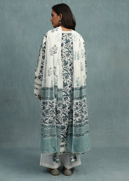 Indigo Chintz Jaal Organic Cotton Hand Block Printed Kurta - (3 Pcs Set)