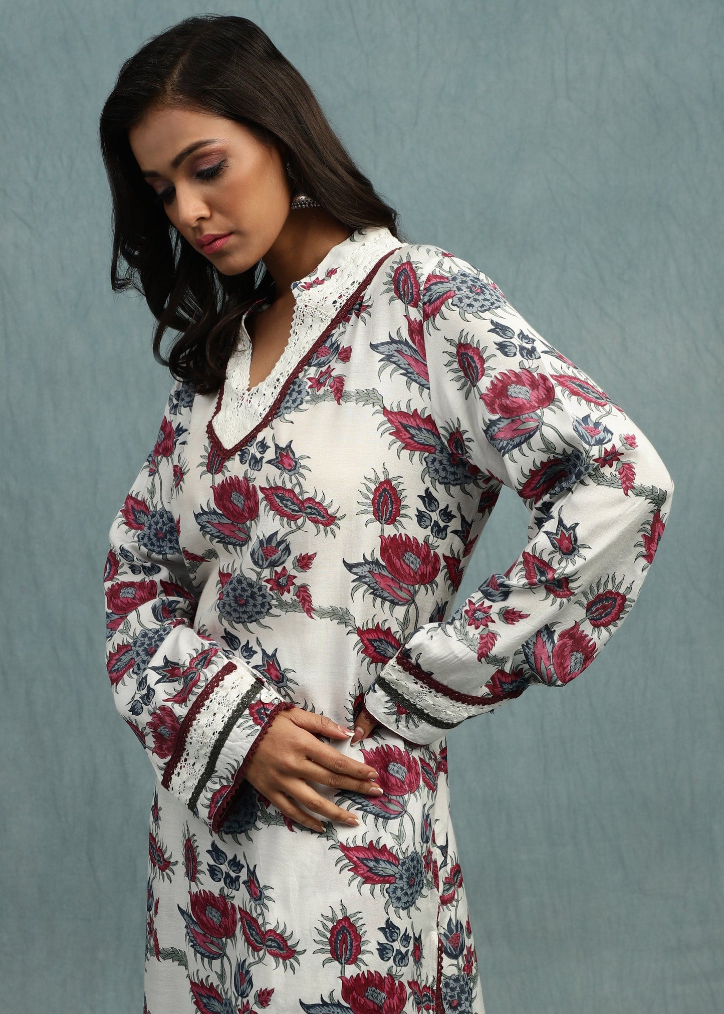 Floral Chintz Cotton Silk Hand Block Printed Tunic Set - (2 Pcs Set)