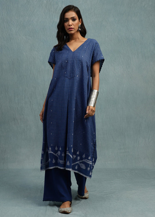 Indigo Check Jamdani Organic Cotton Hand Woven Tunic Set - (2 Pcs Set)