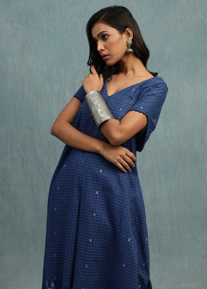 Indigo Check Jamdani Organic Cotton Hand Woven Tunic Set - (2 Pcs Set)