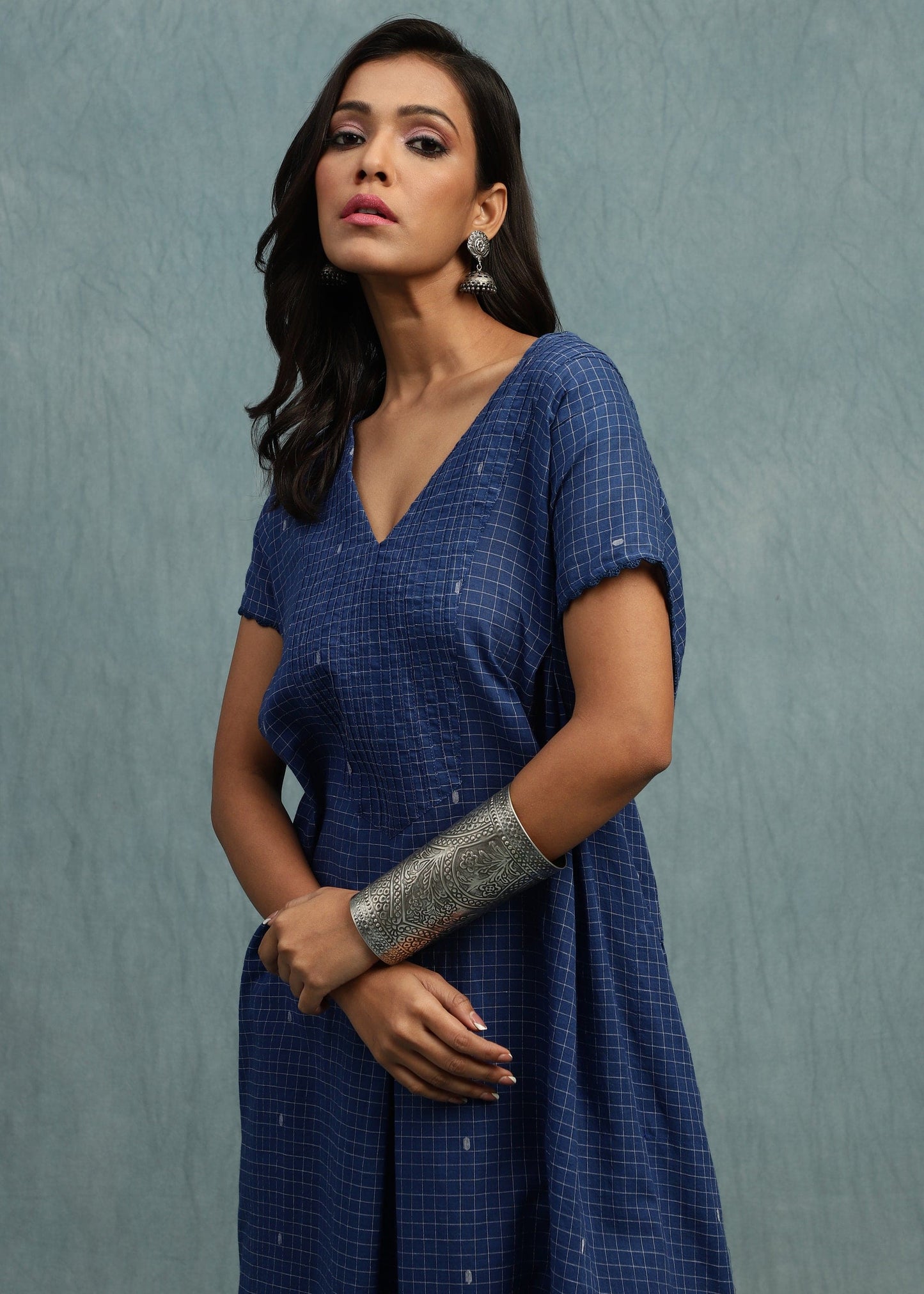 Indigo Check Jamdani Organic Cotton Hand Woven Tunic Set - (2 Pcs Set)