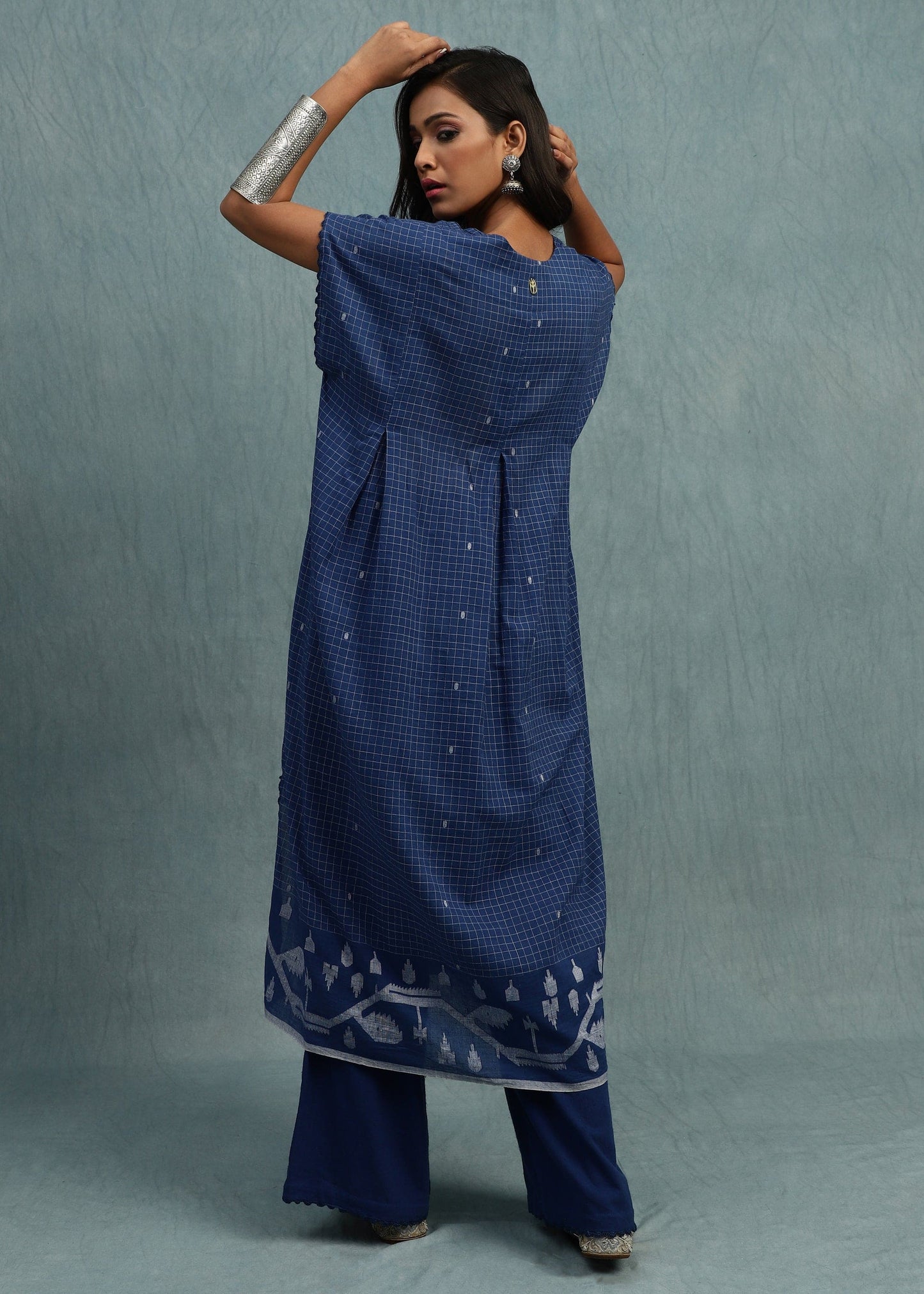 Indigo Check Jamdani Organic Cotton Hand Woven Tunic Set - (2 Pcs Set)