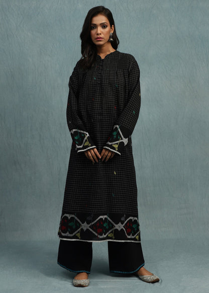 Black Check Jamdani Jaali Border Organic Cotton Hand Woven Tunic Set - (2 Pcs Set)