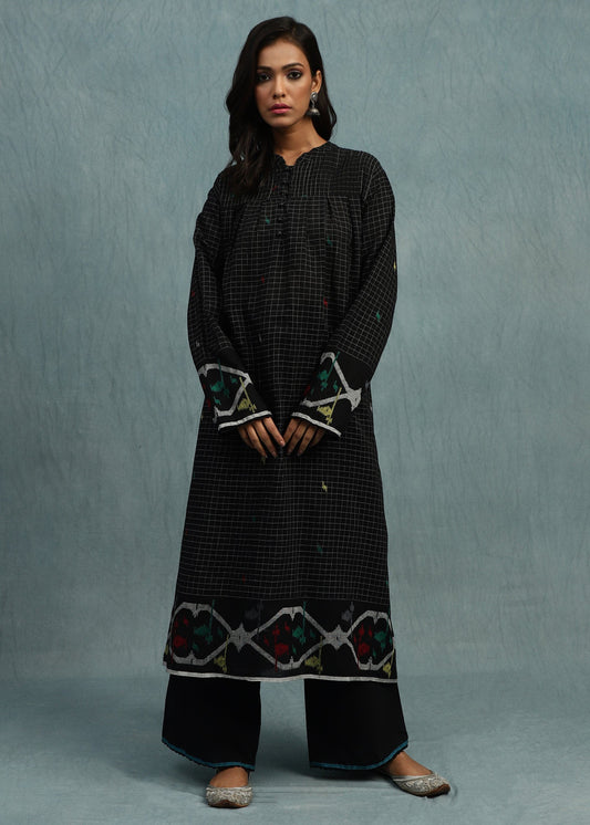 Black Check Jamdani Jaali Border Organic Cotton Hand Woven Tunic Set - (2 Pcs Set)