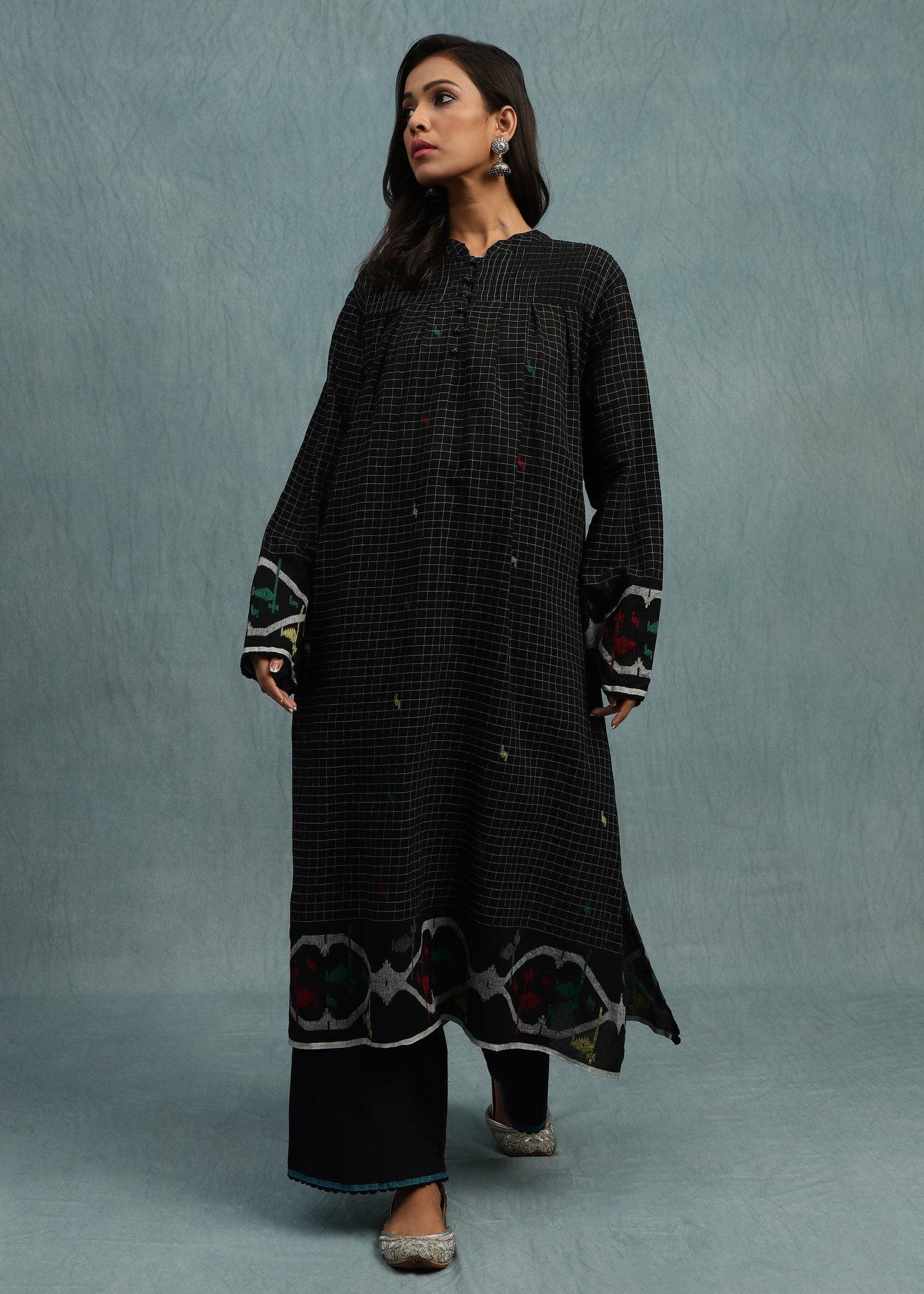 Black Check Jamdani Jaali Border Organic Cotton Hand Woven Tunic Set - (2 Pcs Set)
