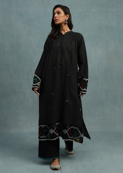 Black Check Jamdani Jaali Border Organic Cotton Hand Woven Tunic Set - (2 Pcs Set)