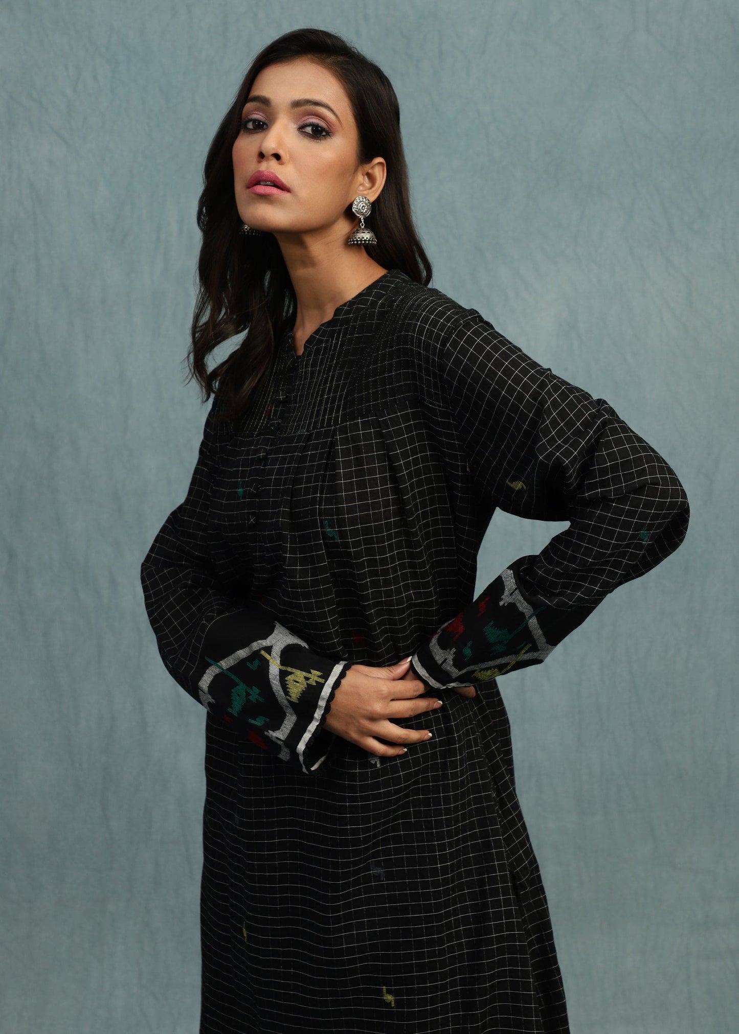 Black Check Jamdani Jaali Border Organic Cotton Hand Woven Tunic Set - (2 Pcs Set)