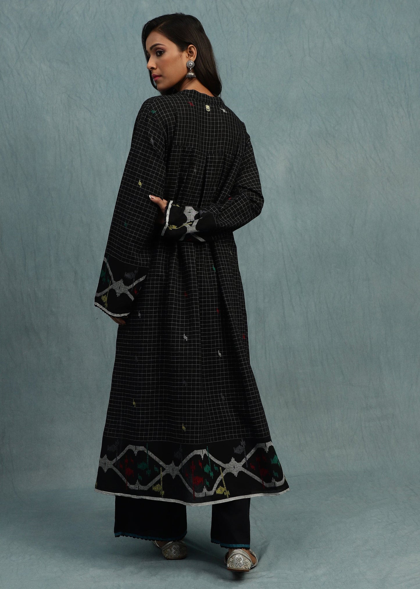 Black Check Jamdani Jaali Border Organic Cotton Hand Woven Tunic Set - (2 Pcs Set)