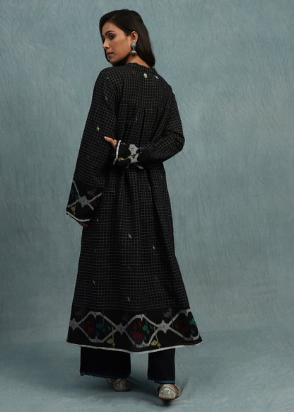 Black Check Jamdani Jaali Border Organic Cotton Hand Woven Tunic Set - (2 Pcs Set)