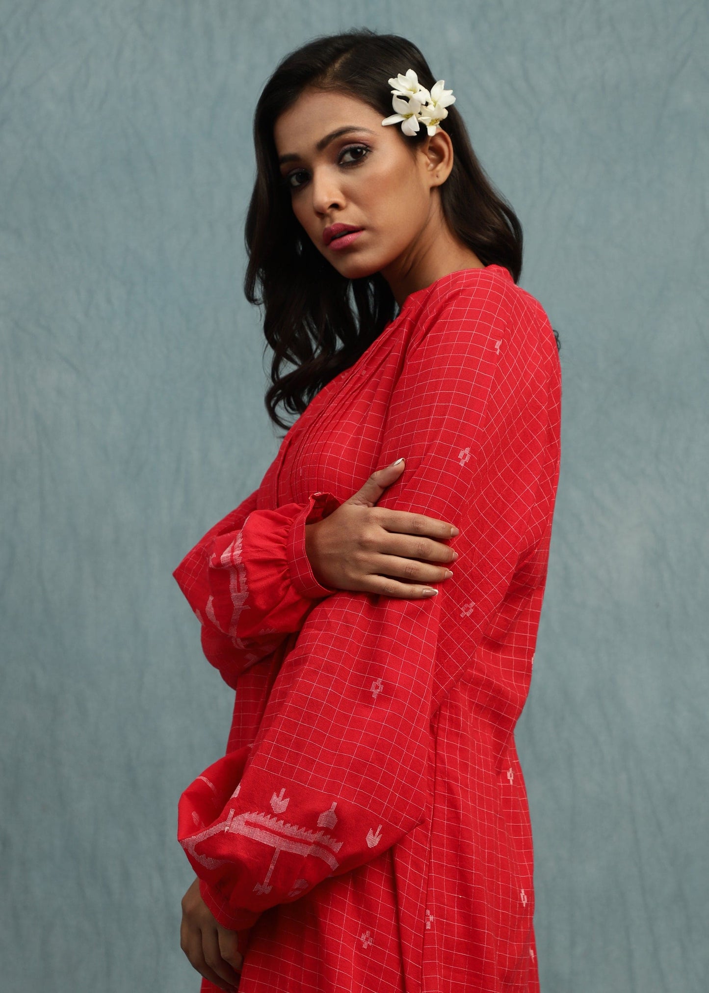 Red Check Jamdani Jaali Border Organic Cotton Hand Woven Tunic Sets - (2 Pcs Set)