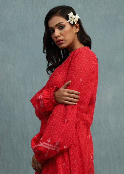 Red Check Jamdani Jaali Border Organic Cotton Hand Woven Tunic Sets - (2 Pcs Set)