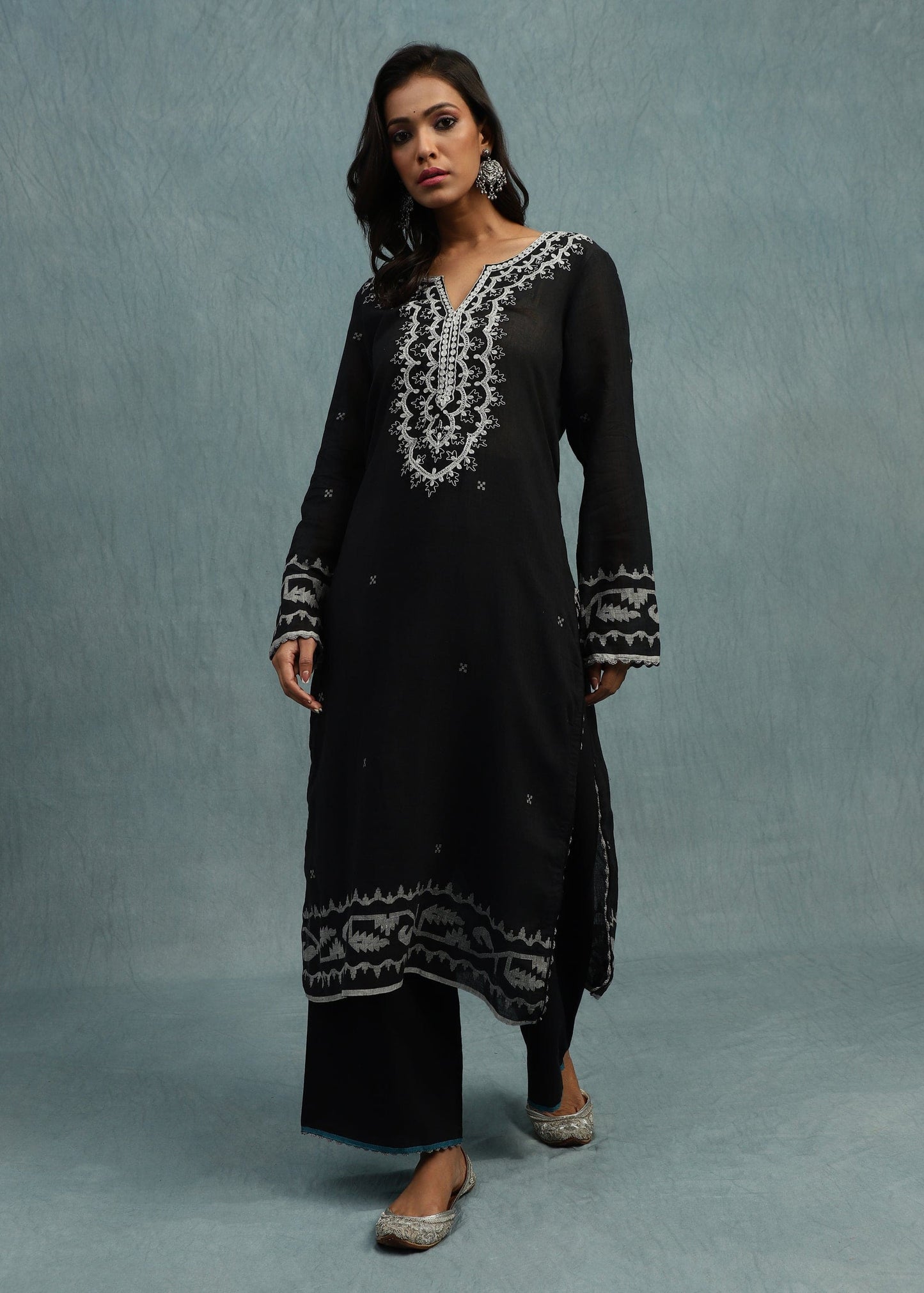 Black Embroidered Jamdani Organic Cotton Hand Woven Tunic Set - (2 Pcs Set)