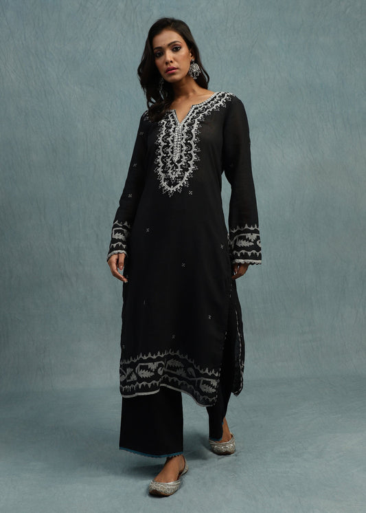 Black Embroidered Jamdani Organic Cotton Hand Woven Tunic Set - (2 Pcs Set)