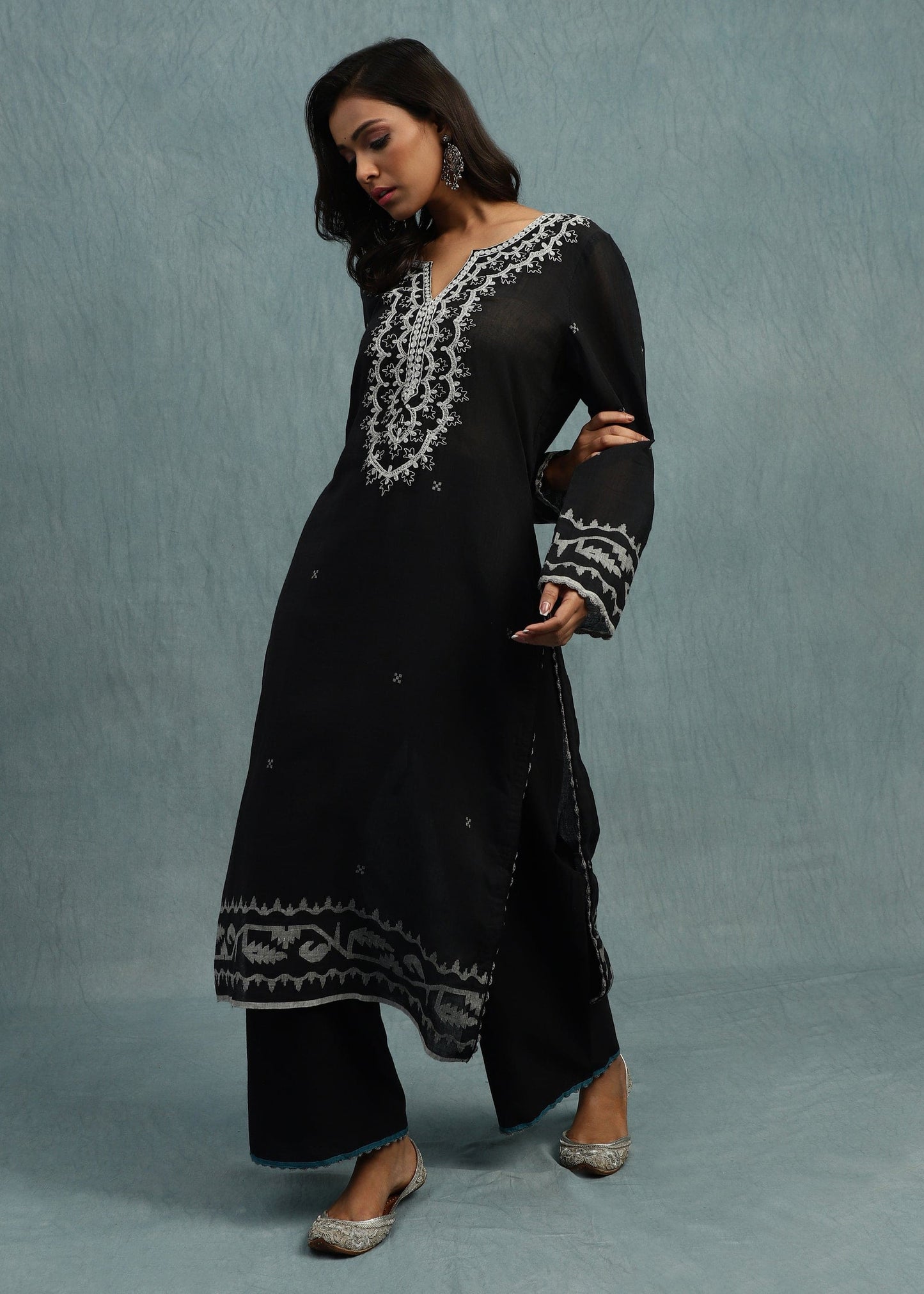 Black Embroidered Jamdani Organic Cotton Hand Woven Tunic Set - (2 Pcs Set)