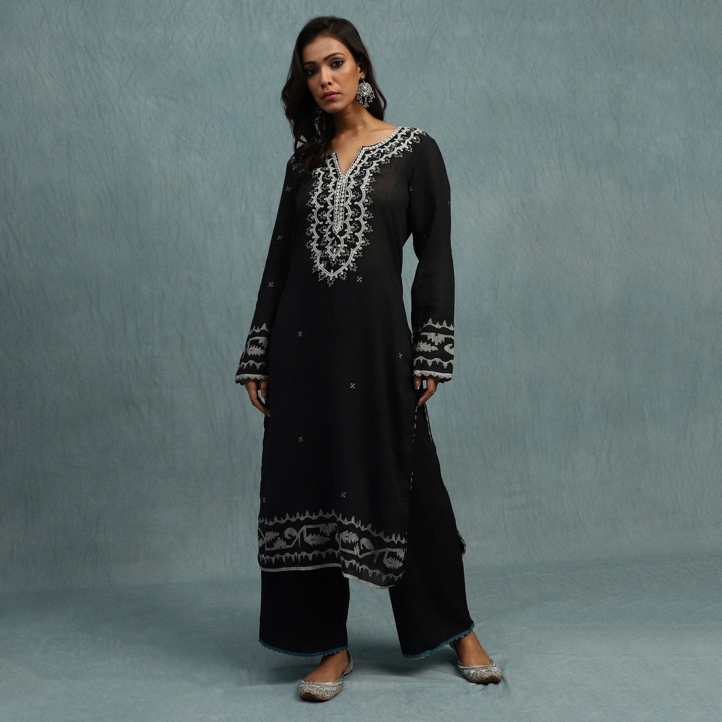 Black Embroidered Jamdani Organic Cotton Hand Woven Tunic Set - (2 Pcs Set)