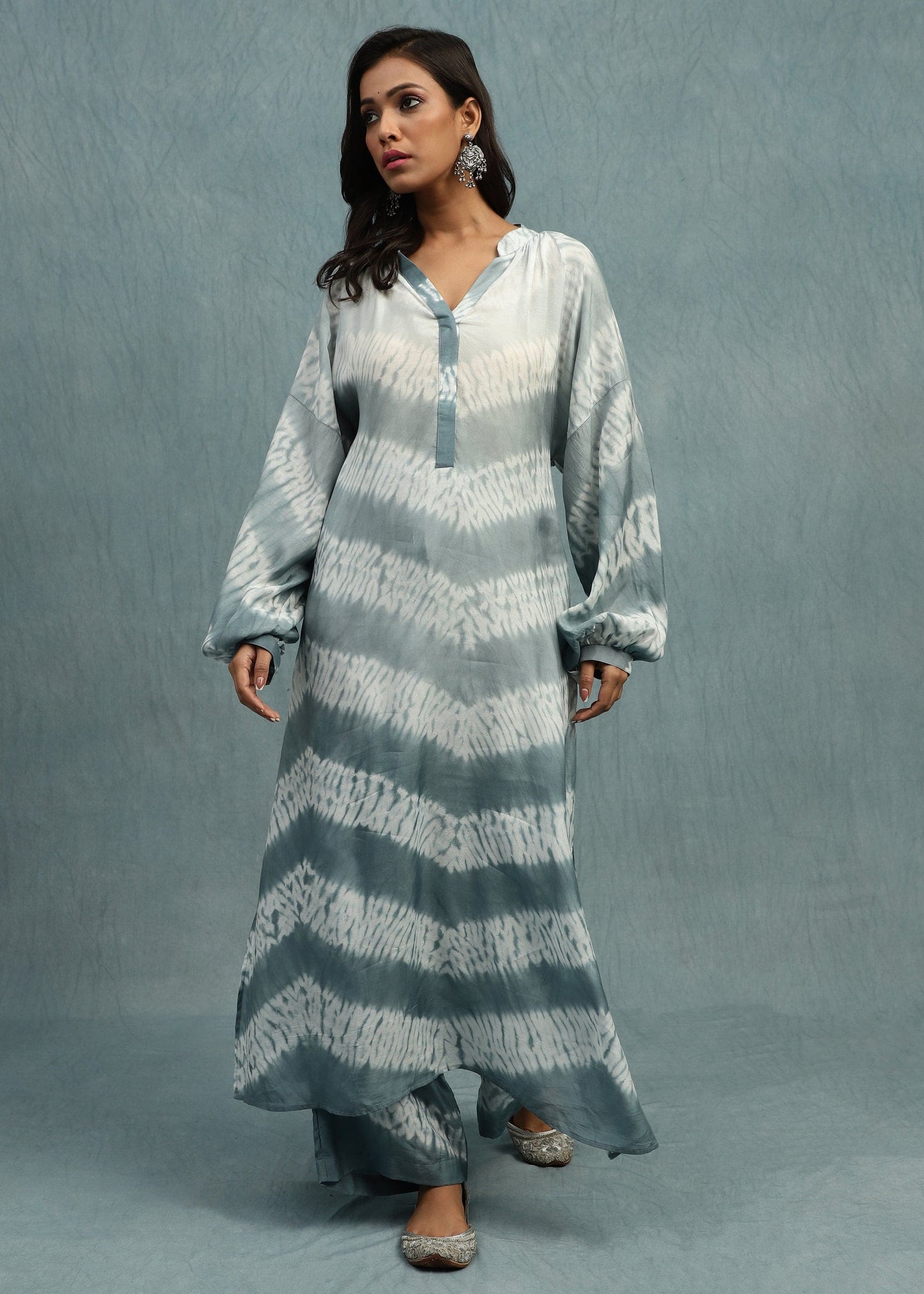 Shibori Light Indigo Cotton Silk Tunic Set - (2 Pcs Set)