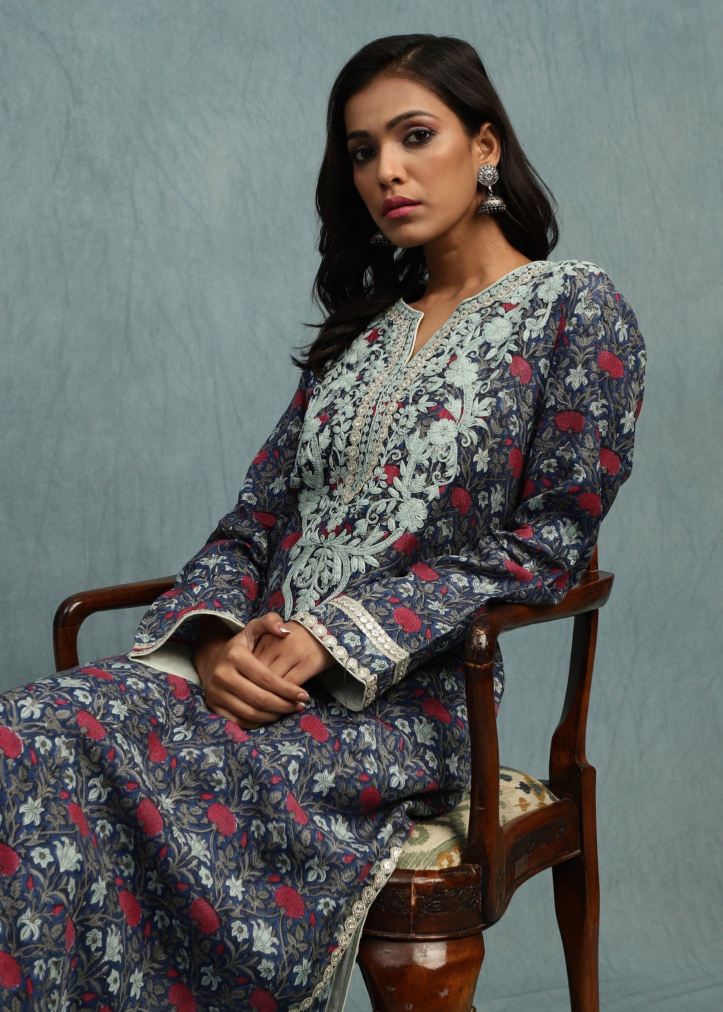 Indigo Marigold Jaal Cotton Silk Hand Block Printed Tunic Set - (2 Pcs Set)