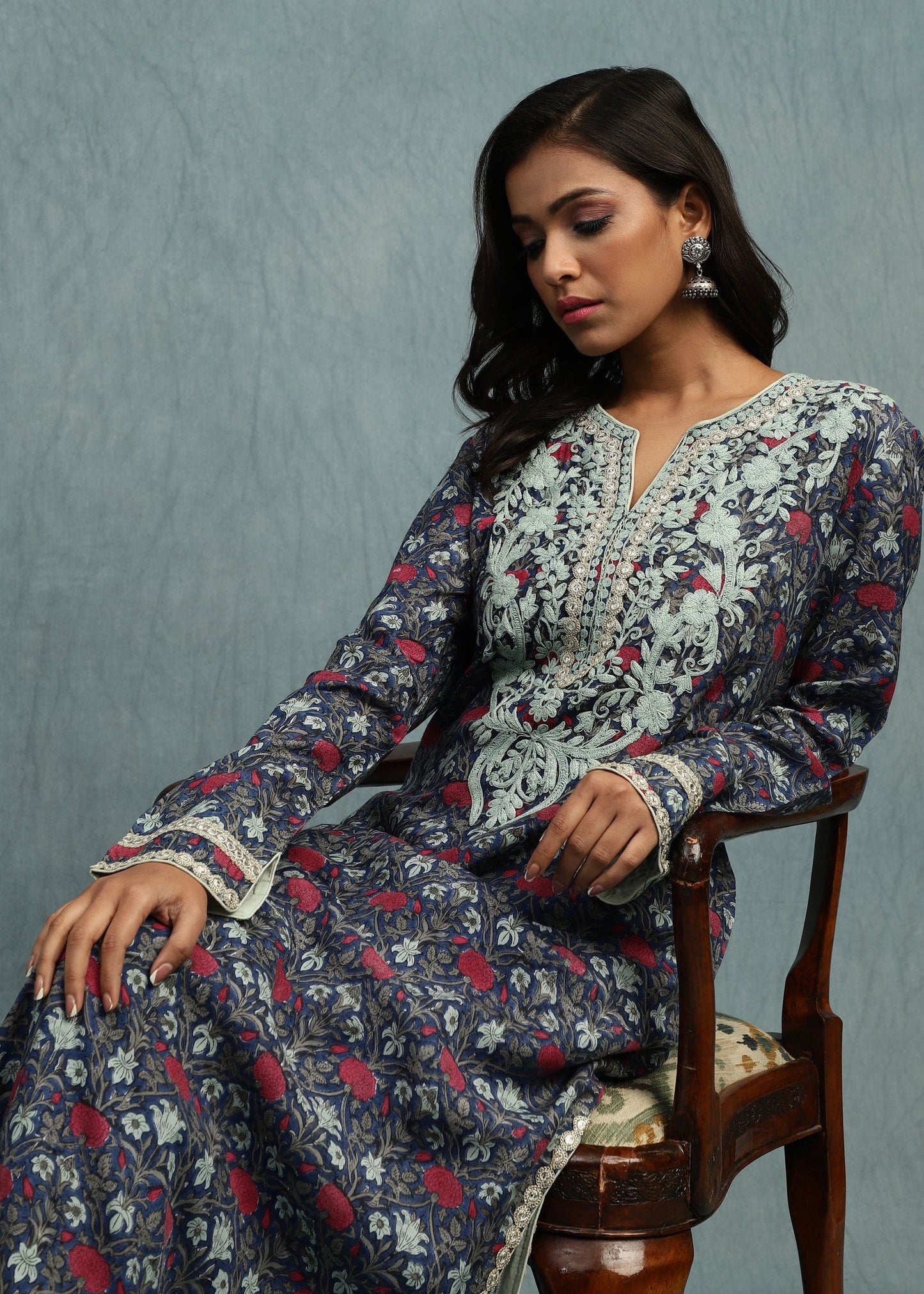 Indigo Marigold Jaal Cotton Silk Hand Block Printed Tunic Set - (2 Pcs Set)