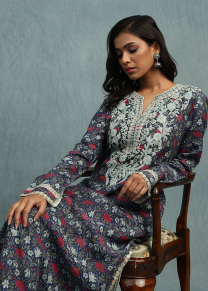 Indigo Marigold Jaal Cotton Silk Hand Block Printed Tunic Set - (2 Pcs Set)