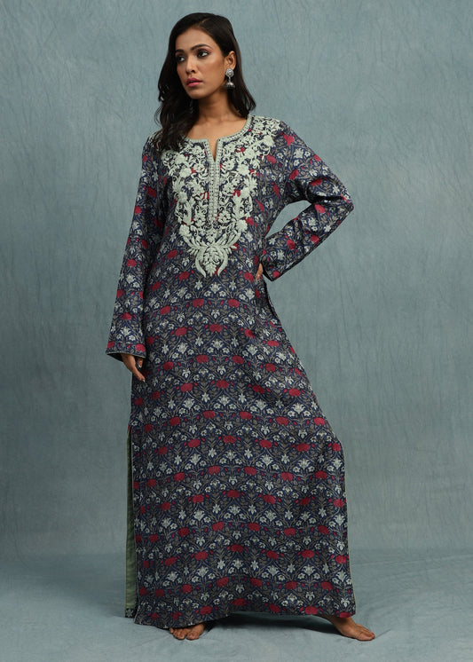 Indigo Marigold Jaal Cotton Silk Hand Block Printed Kaftan