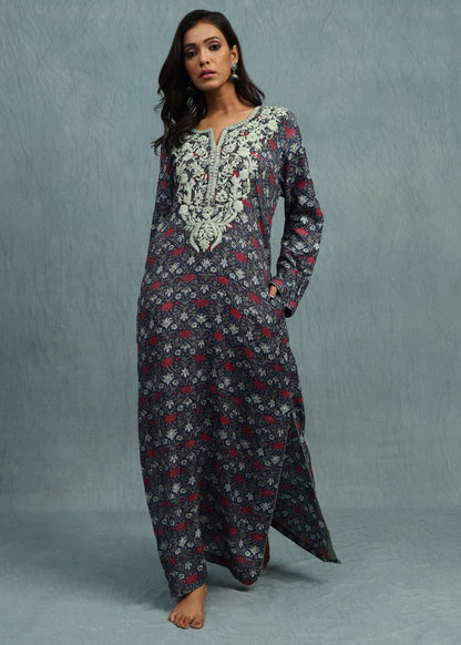 Indigo Marigold Jaal Cotton Silk Hand Block Printed Kaftan