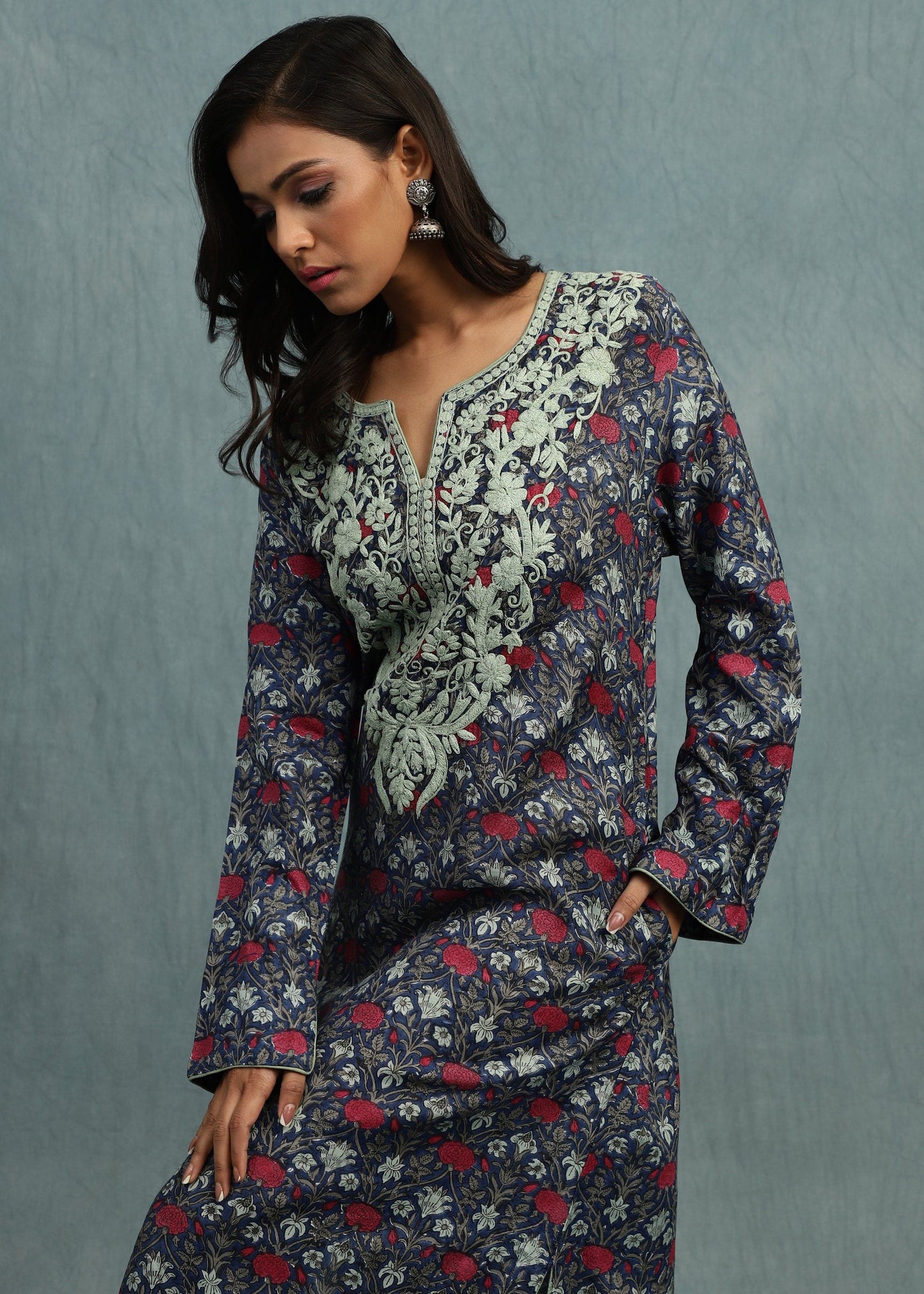 Indigo Marigold Jaal Cotton Silk Hand Block Printed Kaftan
