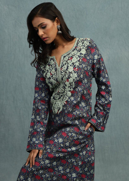 Indigo Marigold Jaal Cotton Silk Hand Block Printed Kaftan